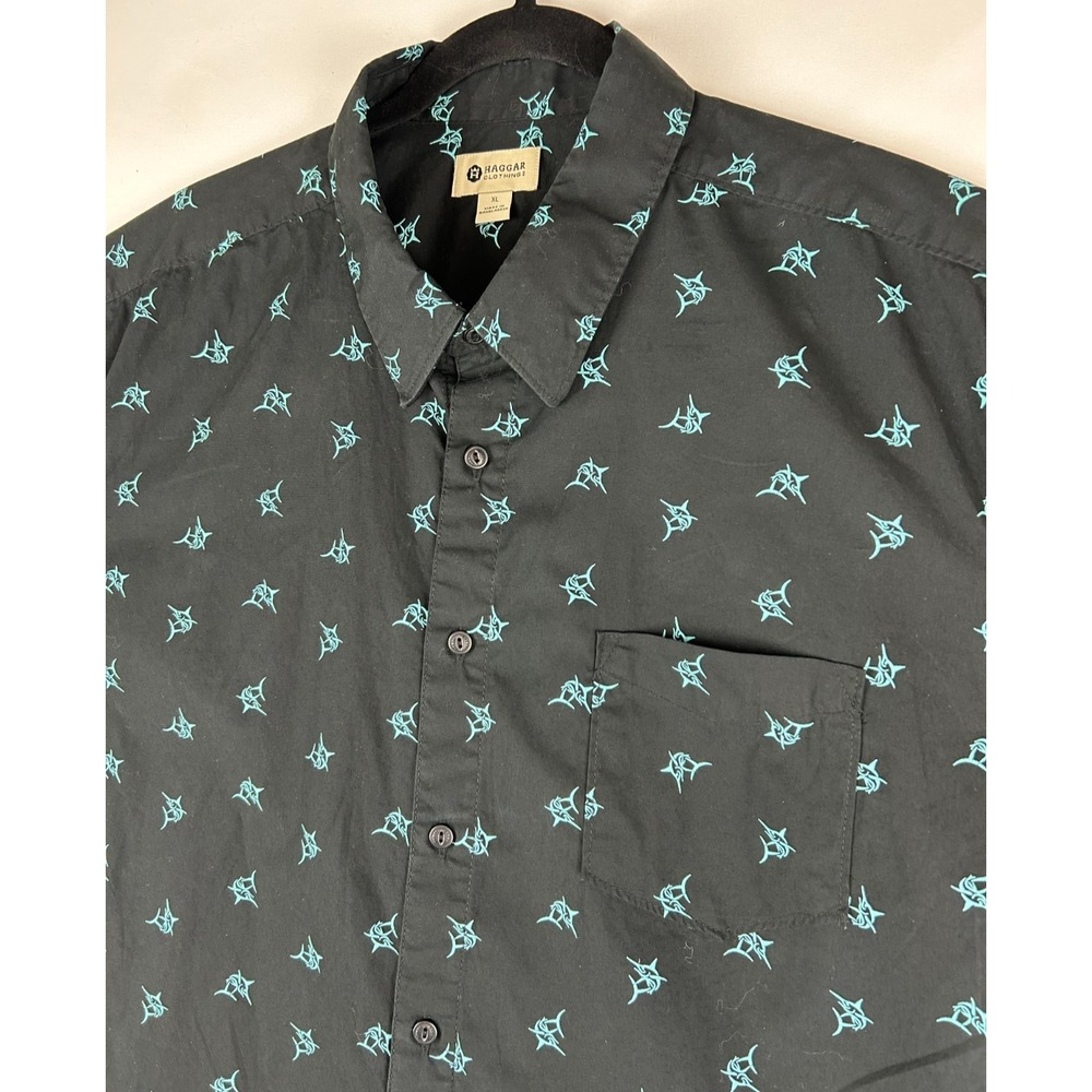 Haggar Button Down Black w Teal Swordfish Print Short Sleeve Mens XL